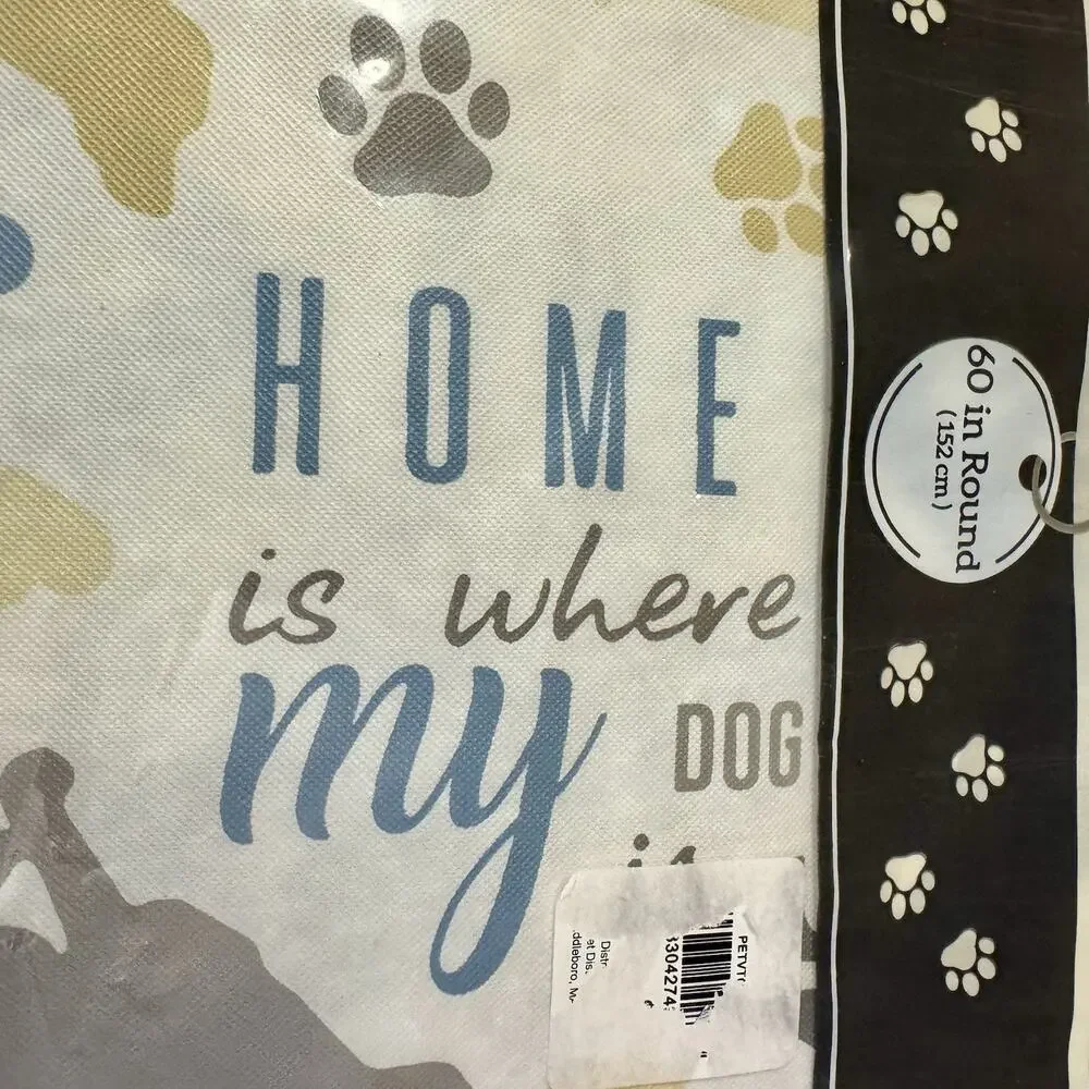 60” Round Dog Vinyl Flannel Back Tablecloth Paw Print Pet Theme Wipe Clean New